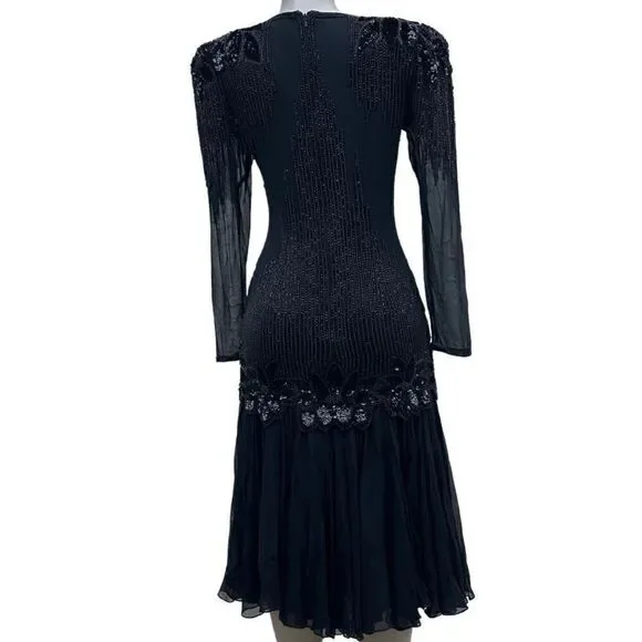 Vintage Black Tie He-Ro Evening Dress 8 Black Sequined Beaded Silk Drop Waist